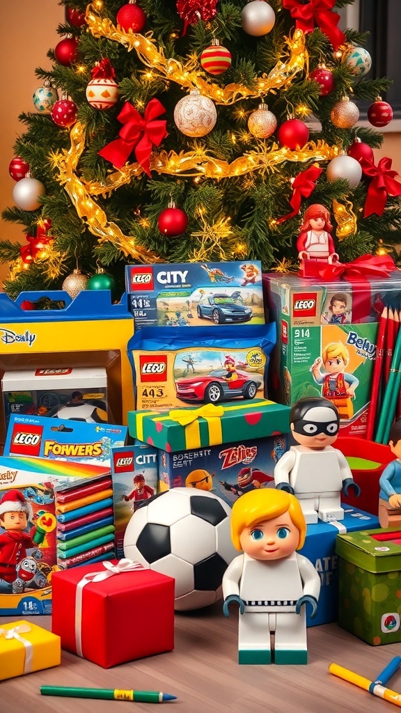 Christmas Wishlist Ideas for Little Boys A variety of Christmas gifts for little boys including toys, games, and books under a Christmas tree.
